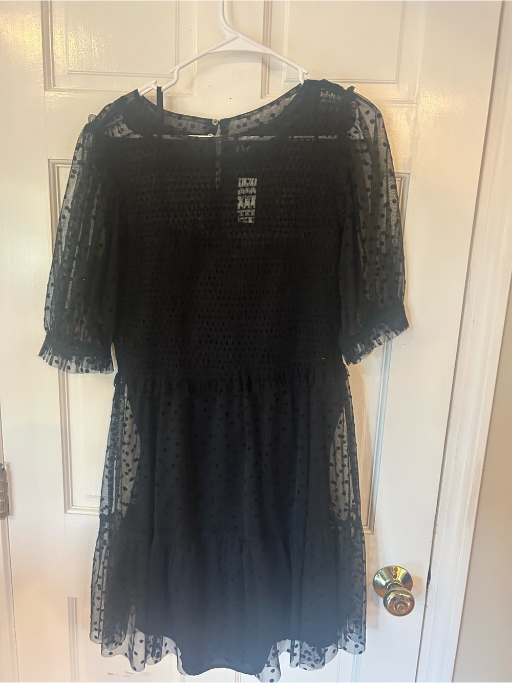GAP Black Sheer Dotted Smocked Mini Dress